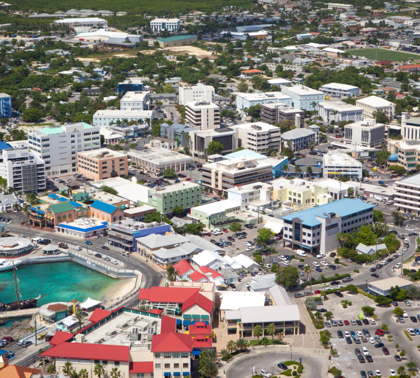 TechCayman Aerial view of coastline of Grand Cayman, Cayman Islands, Capital, George Town, Financial District